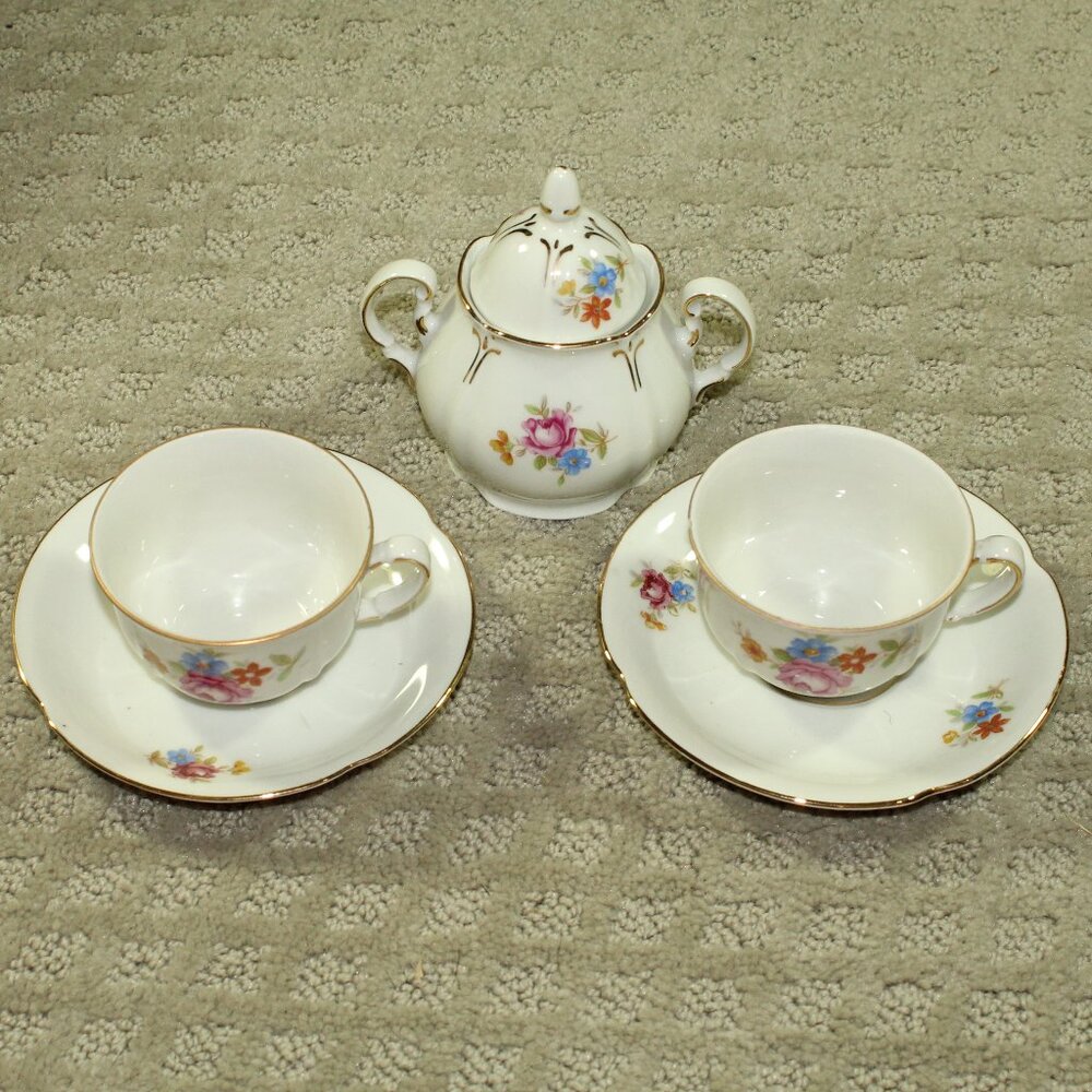 Set of 5 Antique German US Zone Two Gold Trimmed Floral Cups / Saucers and Sugar